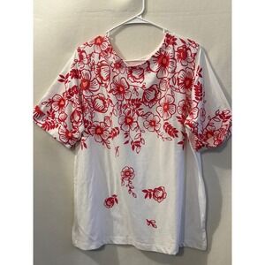 CW Classics Womens XL White Red Floral Graphic Short Sleeve T-Shirt Tee Cotton